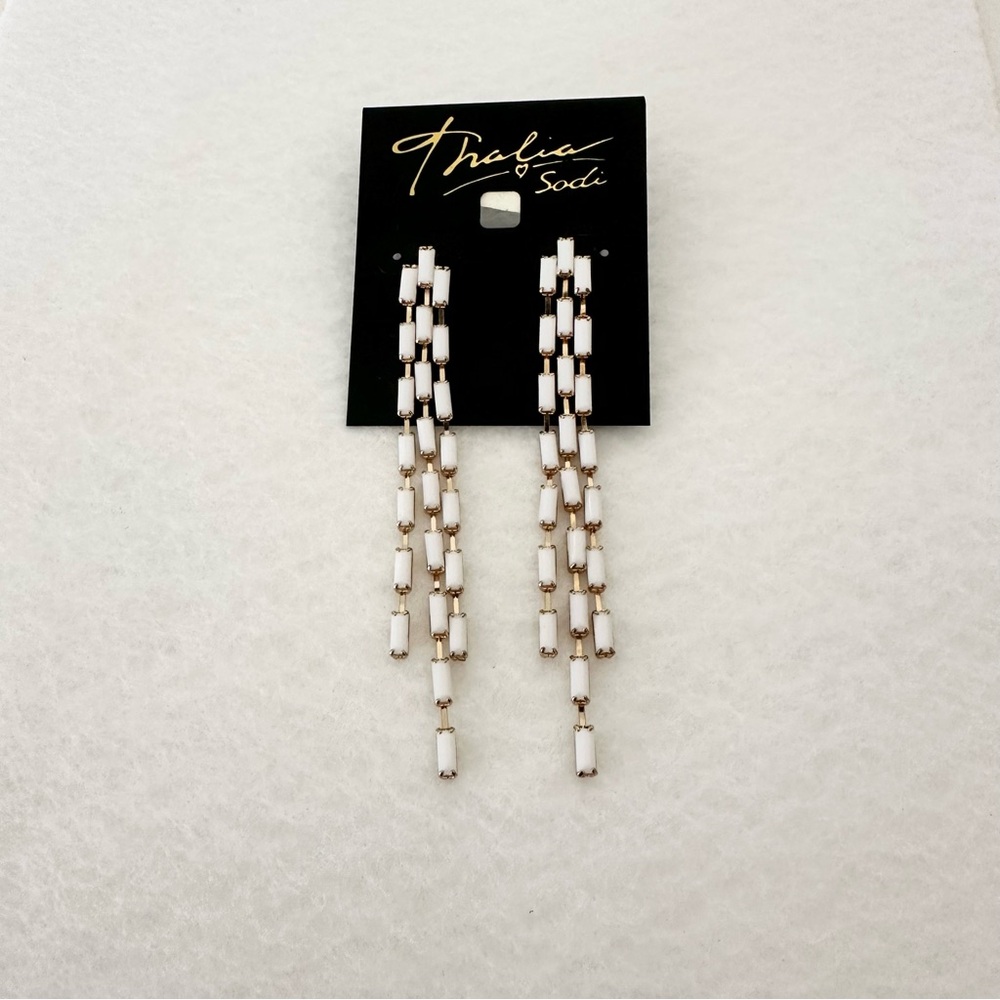 Thalia Sodi White Baguette Linear Cascade Triple Row Drop Earrings Gold Tone